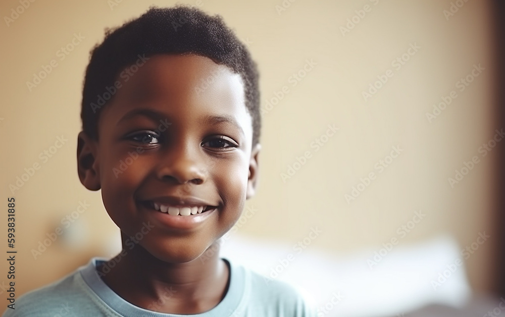 Naklejka premium Dark-skinned black african american boy smiling portrait at home. Happy child. Cute kid. Generative AI 