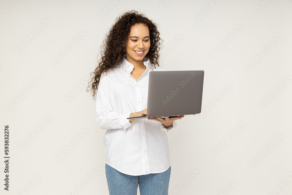 Young business woman on white background, business and job