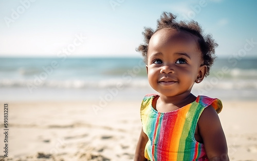Black dark-skinned african american toddler little girl in summer on the beach. Generative AI
