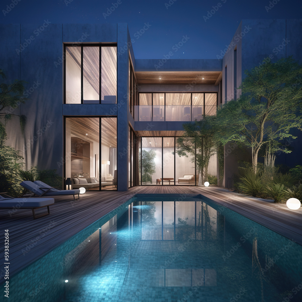 Obraz premium Background image of modern villa residential night view