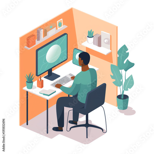 Virtual Classroom: Person at desk with virtual classroom open, highlighting features like video conferencing, interactive whiteboards. Background shows classroom settings. Generative AI.