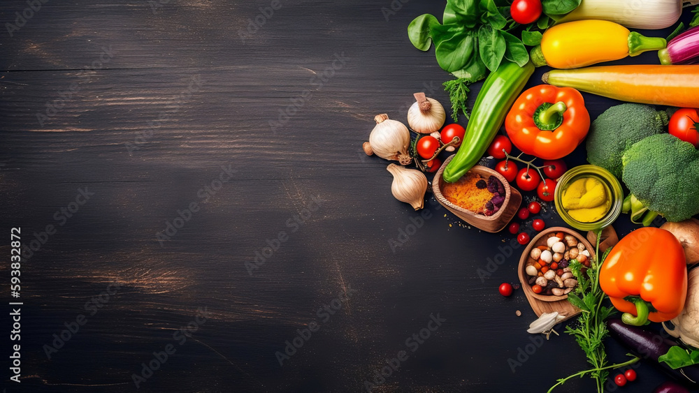 Organic Food - Fresh Raw Vegetables and Spices on Wooden Chalkboard. created with Generative AI