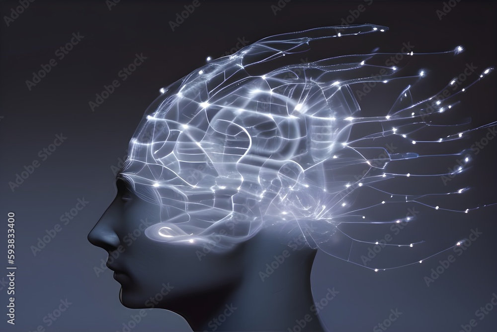 Human head with glowing neural connections and electrical impulses ...