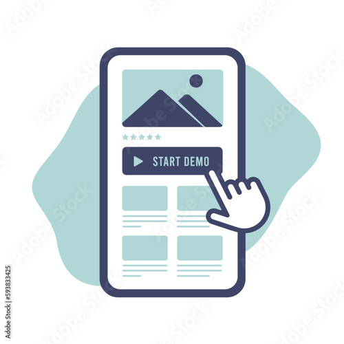 Engaging paid app or website demo concept. Mobile phone screen displays vivid content with prominent start demo button. Cursor clicks to initiate an immersive user experience and trial period