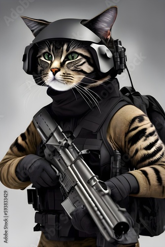 Portrait of a cat soldier with a rifle in a modern military suit with a helmet and an unloading vest. Generative AI