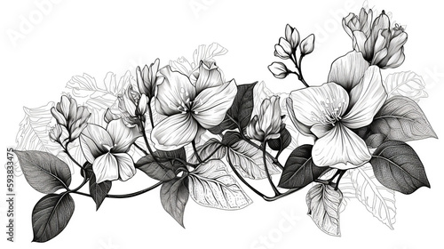 Black & White Hand Drawing Flower With Leaves On Isolated Background, Generative Ai © Jaunali