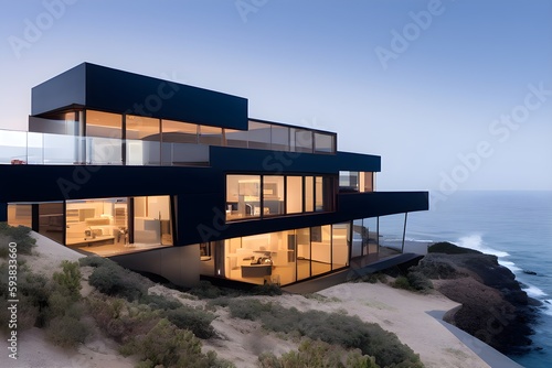 Exterior image of the new high-tech house with panoramic windows overlooking the ocean. Rocks  vegetation and a cloudless sky. Generative AI