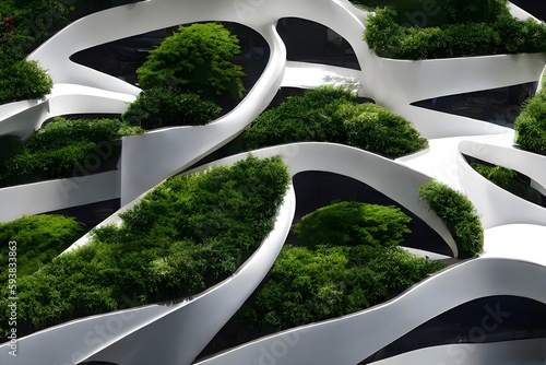 The landscape of a magnificent modern eco-friendly city with terraces covered with green plants. The symbiosis of urban architecture and natural biological life. Generative AI photo
