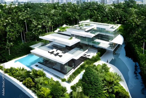 The exterior of an ultra-modern high-tech house surrounded by greenery with panoramic windows and a swimming pool. The concept of symbiosis with nature. Forest and city in the background. Generative A