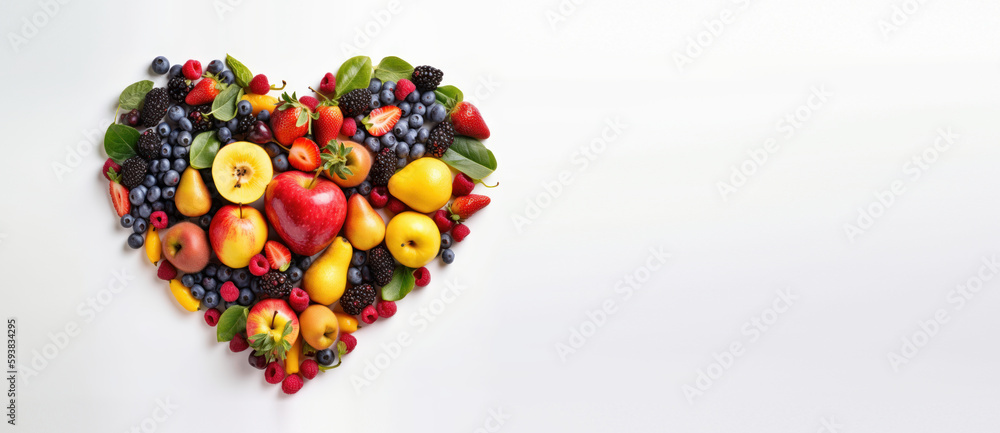 Various Fruits in the heart shape, Healthy fresh fruits background. Generative AI