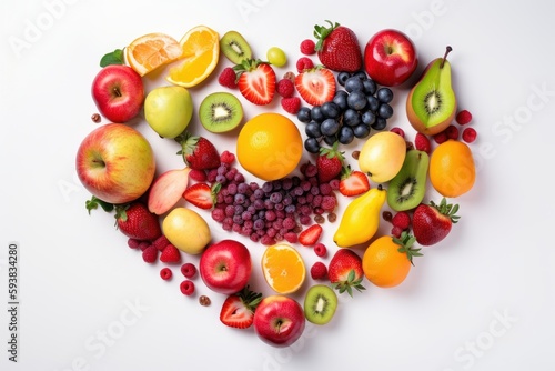 Various Fruits in the heart shape  Healthy fresh fruits background. Generative AI