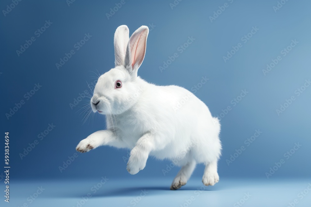 Cute Rabbit isolated on blue background. Created Generative AI Cute Rabbit isolated on blue background. Created Generative AI