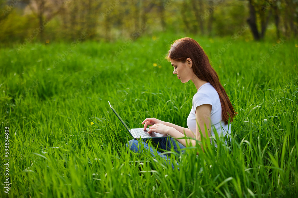 female freelancer working in nature sits in the grass in nature with a laptop on a sunny summer day female freelancer working in nature sits in the grass in nature with a laptop on a sunny summer day