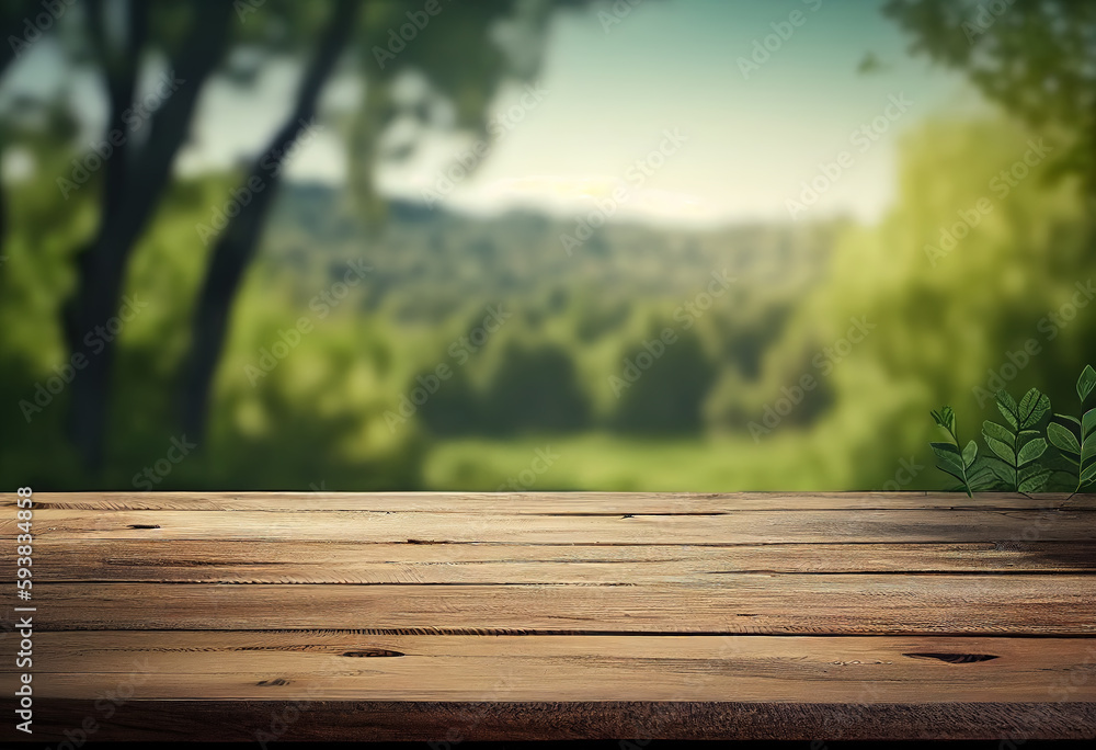 Fuzzy forest background and partial landscape of garden wooden tabletop Fuzzy forest background and partial landscape of garden wooden tabletop