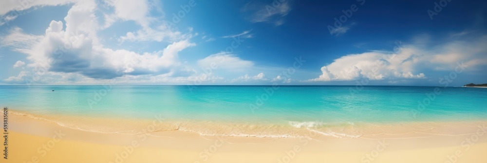 Fototapeta premium Panorama tropical sea and sandy beach with blue sky background. Generative AI