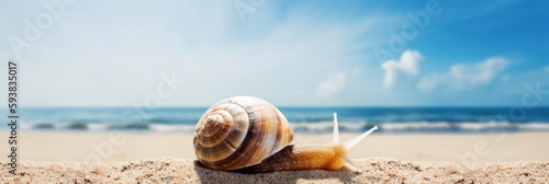 Sea Snail banner on tropical sea, sandy beach and blue sky background. Generative Ai