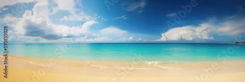 Panorama tropical sea and sandy beach with blue sky background. Generative AI