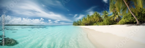 Panorama tropical sea and sandy beach with blue sky background. Generative AI © CYBERUSS