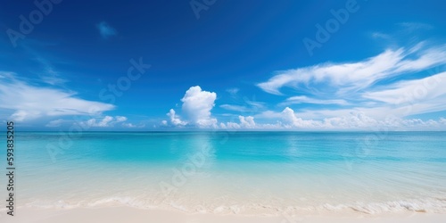 Tropical sea and sandy beach with blue sky background. Generative AI © CYBERUSS