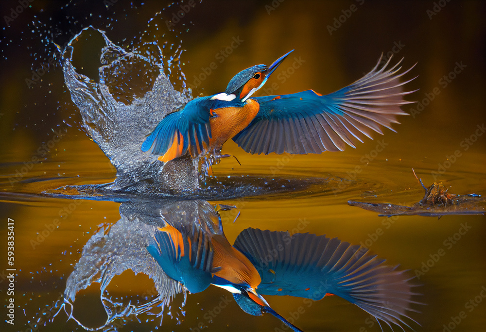 Common European Kingfisher (Alcedo atthis). Kingfisher flying after emerging from water with caught fish prey in beak on green natural background.