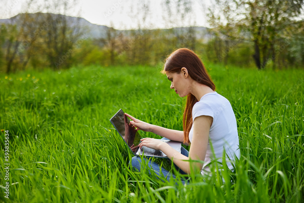 woman working on a laptop while sitting in tall grass in nature woman working on a laptop while sitting in tall grass in nature