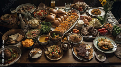 Traditional Turkish and Greek dinner appetizer table with meat, vegetables and cheese, Generative AI