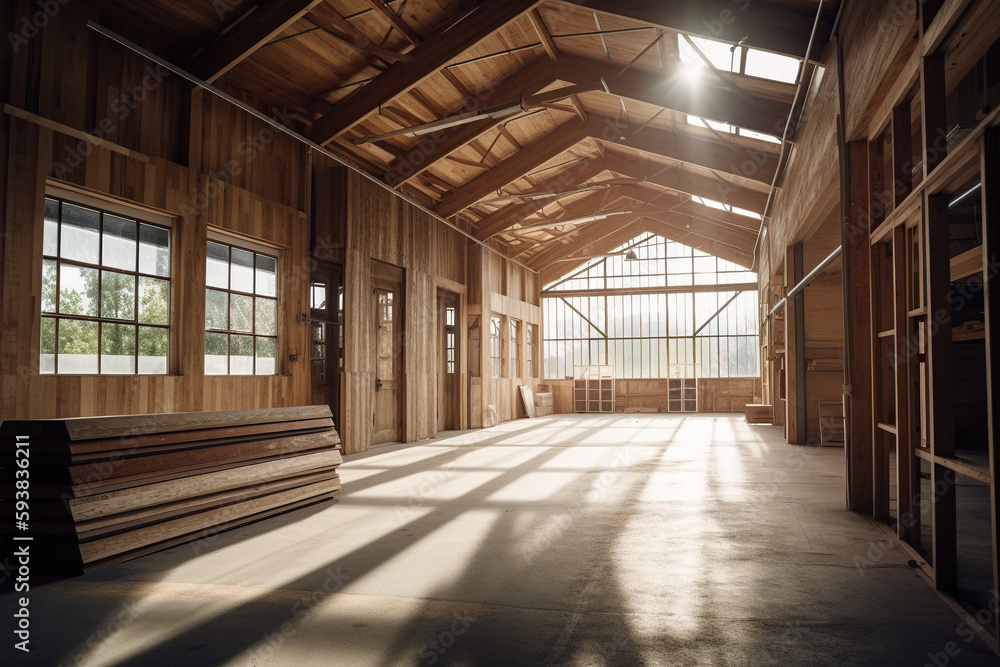 Interior of a modern wooden building. Nobody inside. Empty room. Generative AI