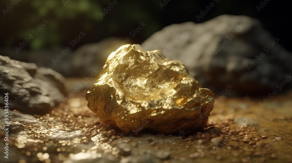 Gold nugget on the ground in the forest. Generative AI Gold nugget on the ground in the forest. Generative AI