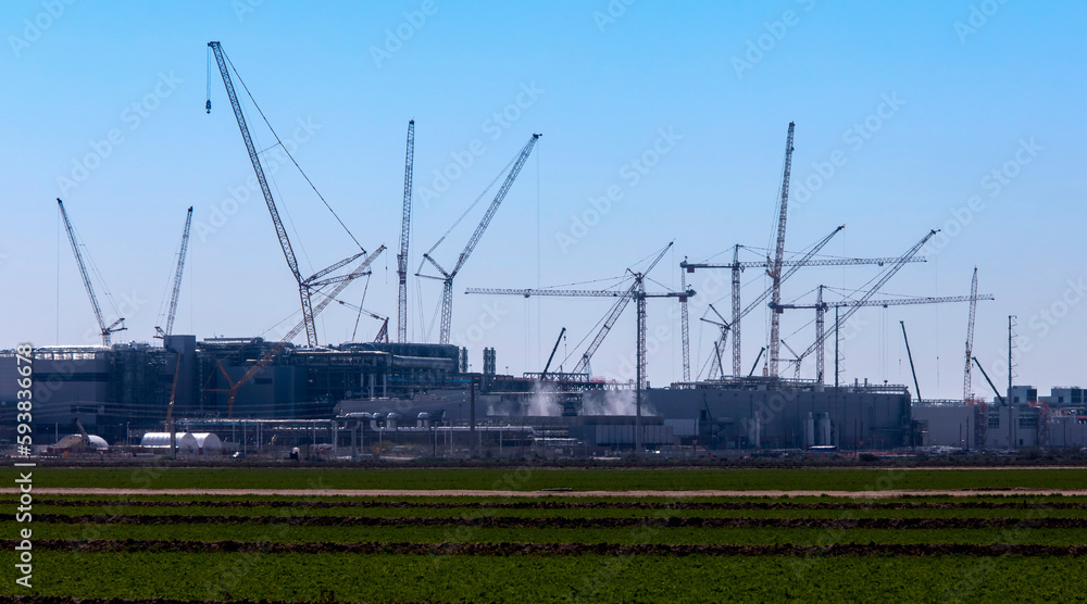 Multiple cranes at a construction site against a blue sky