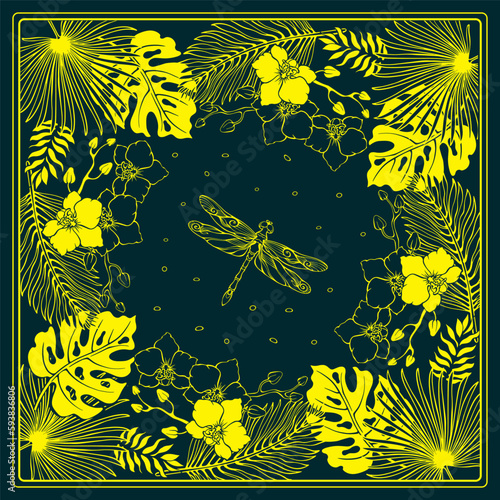 Botanical square pattern with, tropical leaves, flowers, and dragonfly. Vector.
