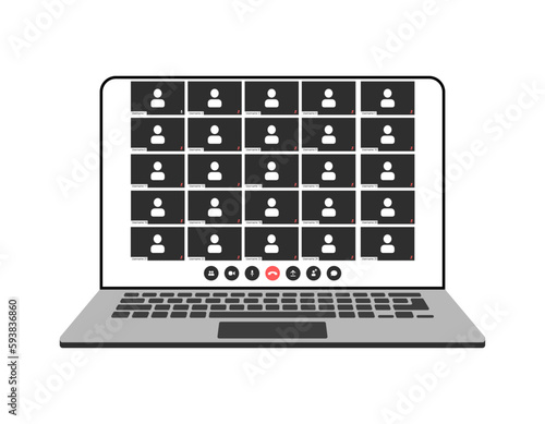 Videocall interface, video call screen icons and UI template for laptop, vector overlay. Video conference or videocall online chat mockup for laptop application with call buttons