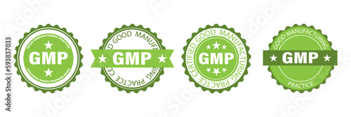 GMP set of round badges. Certified industrial stickers for products with Good Manufacturing Practice tag
