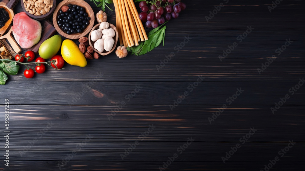 Various Healthy Products on Wooden Background. created with Generative AI Various Healthy Products on Wooden Background. created with Generative AI