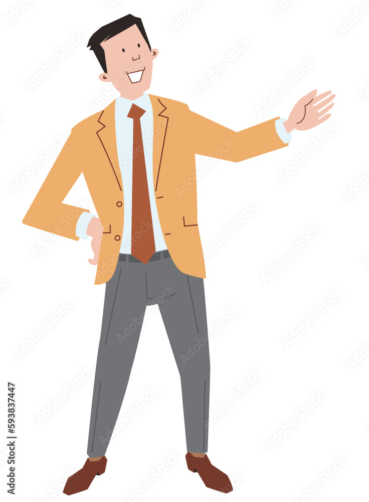 スーツ姿の男性、笑顔で説明している、全身のベクターイラスト スーツ姿の男性、笑顔で説明している、全身のベクターイラスト
