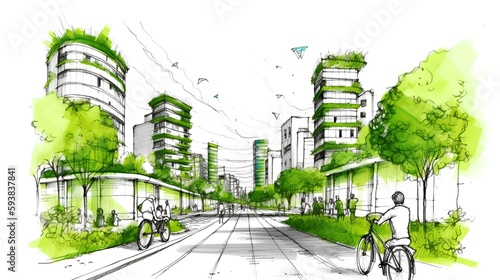 Sustainable urban design featuring eco-friendly elements. Generative AI photo