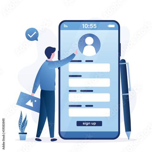 Online mobile registration, fill in personal data, complete profile data information, sign up. Male user or registrant tries to fill out registration form in smartphone app.