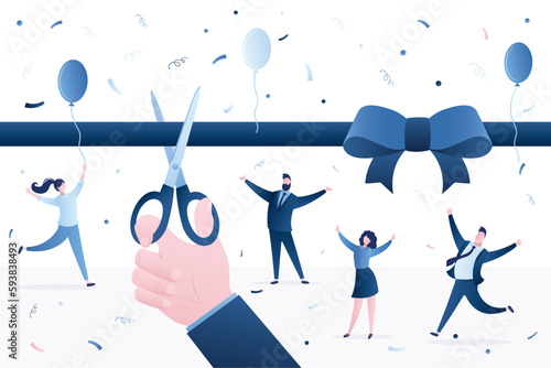 Ribbon cutting ceremony, businessman hand uses huge scissors for cut tape. Business people starting new project. Grand opening event party. Startup launch.