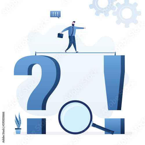 Client goes from question mark to an exclamation mark on tightrope. Person tries to walk from question to an answer. Overcoming business obstacles. Answers searching. Faq,