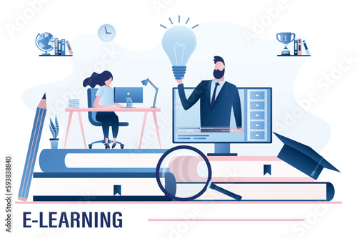 Home schooling or online education concept. Exam preparation, girl teen student at desk. Male teacher or mentor on monitor screen give idea bulb. Webinar or video courses, e-learning