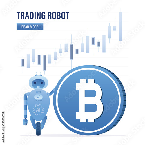 Trading robot holds big bitcoin. AI helps to mine or trade cryptocurrency. Profitable robot helps investors make money online. Blockchain technology, Growing crypto currency chart.