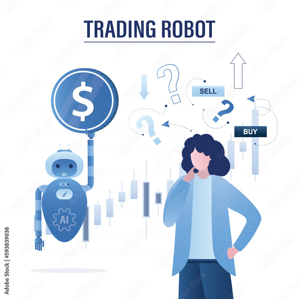Trading robot help female trader take profit from stock market. Online investment, trading chart. Artificial intelligence analyzes financial data and makes recommendations. Forex bot. Trading robot help female trader take profit from stock market. Online investment, trading chart. Artificial intelligence analyzes financial data and makes recommendations. Forex bot.