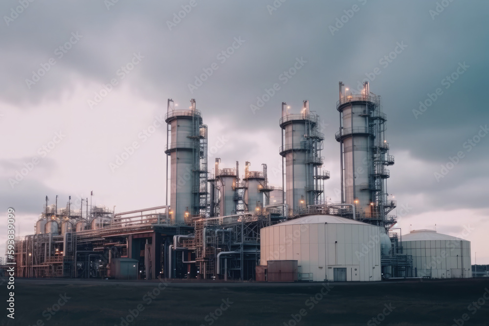 modern petrochemical plant with reactors and converters under heavy sky with copyspace	