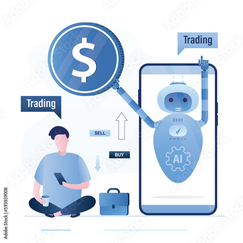 Trading robot help male trader take profit from stock market. Online mobile investment, trading in smartphone app. Artificial intelligence analyzes financial data and makes recommendations.