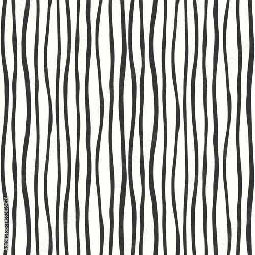 Striped wave pattern background. Vector seamless repeat pattern of hand drawn organic wavy black and white stripes.