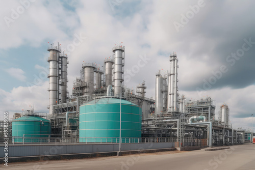 modern petrochemical plant with reactors and converters under heavy sky with copyspace 