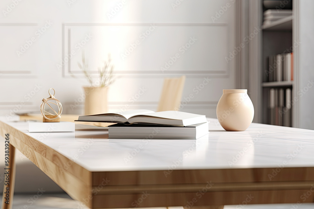 Fototapeta premium Close - up Modern white table top with free space to edit your product display with books above the living room blurred in the background 
