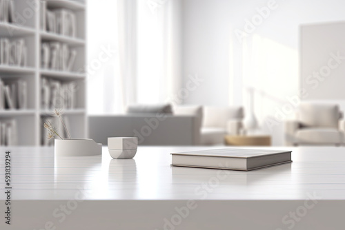 Close - up Modern white table top with free space to edit your product display with books above the living room blurred in the background 
