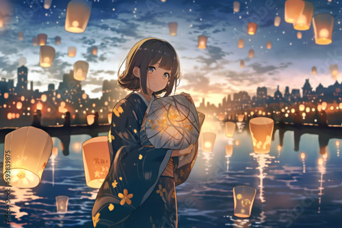 Beautiful girl enjoying the sky lantern festival, Generative AI