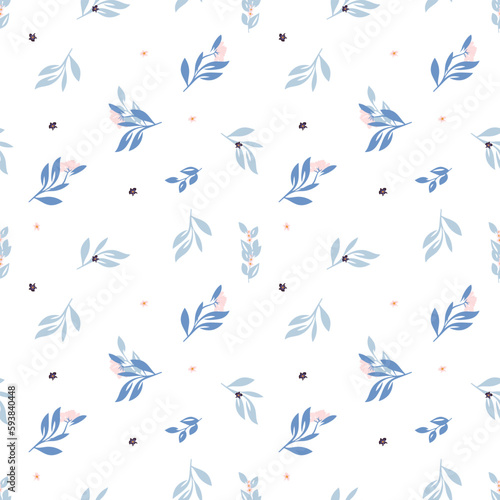 Blue leaves and flowers. Vector seamless pattern