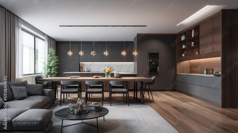 Fototapeta premium Modern interior design of living room with grey sofa and wooden coffee table